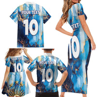 Custom Argentina Football Family Matching Short Sleeve Bodycon Dress and Hawaiian Shirt La Albiceleste Marble Sky Version