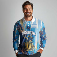 Custom Argentina Football Long Sleeve Polo Shirt La Albiceleste Marble Sky Version