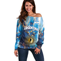 Custom Argentina Football Off Shoulder Sweater La Albiceleste Marble Sky Version