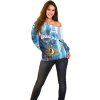 Custom Argentina Football Off Shoulder Sweater La Albiceleste Marble Sky Version