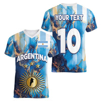 Custom Argentina Football Women V-Neck T-Shirt La Albiceleste Marble Sky Version
