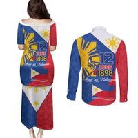 Philippines Independence Day Couples Matching Puletasi and Long Sleeve Button Shirt Araw ng Kalayaan Polynesian Sun and YAKAN Pattern