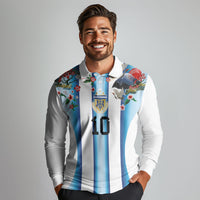 Custom Argentina Football Long Sleeve Polo Shirt Blokecore-La Albiceleste with Japanese Culture Embroidery Effect