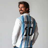 Custom Argentina Football Long Sleeve Polo Shirt Blokecore-La Albiceleste with Japanese Culture Embroidery Effect
