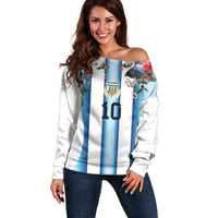 Custom Argentina Football Off Shoulder Sweater Blokecore-La Albiceleste with Japanese Culture Embroidery Effect