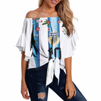 Custom Argentina Football Off Shoulder Wrap Waist Top Blokecore-La Albiceleste with Japanese Culture Embroidery Effect