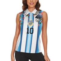 Custom Argentina Football Women Sleeveless Polo Shirt Blokecore-La Albiceleste with Japanese Culture Embroidery Effect