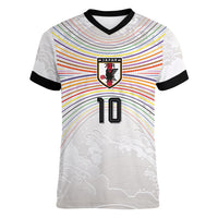 Custom Japan Football Women V-Neck T-Shirt Traditional Japanese Waves Rainbow Sashiko Effect