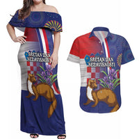 Personalised Croatia Independence Day Couples Matching Off Shoulder Maxi Dress and Hawaiian Shirt Sretan Dan nezavisnosti With Kuna Zlatica and Perunika - Wonder Print Shop