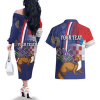 Personalised Croatia Independence Day Couples Matching Off The Shoulder Long Sleeve Dress and Hawaiian Shirt Sretan Dan nezavisnosti With Kuna Zlatica and Perunika - Wonder Print Shop