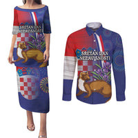 Personalised Croatia Independence Day Couples Matching Puletasi and Long Sleeve Button Shirt Sretan Dan nezavisnosti With Kuna Zlatica and Perunika - Wonder Print Shop