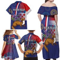 Personalised Croatia Independence Day Family Matching Off Shoulder Maxi Dress and Hawaiian Shirt Sretan Dan nezavisnosti With Kuna Zlatica and Perunika - Wonder Print Shop