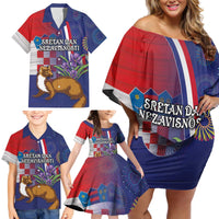 Personalised Croatia Independence Day Family Matching Off Shoulder Short Dress and Hawaiian Shirt Sretan Dan nezavisnosti With Kuna Zlatica and Perunika - Wonder Print Shop