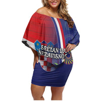 Personalised Croatia Independence Day Family Matching Off Shoulder Short Dress and Hawaiian Shirt Sretan Dan nezavisnosti With Kuna Zlatica and Perunika - Wonder Print Shop