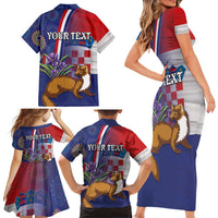 Personalised Croatia Independence Day Family Matching Short Sleeve Bodycon Dress and Hawaiian Shirt Sretan Dan nezavisnosti With Kuna Zlatica and Perunika - Wonder Print Shop