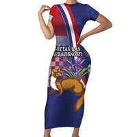 Personalised Croatia Independence Day Family Matching Short Sleeve Bodycon Dress and Hawaiian Shirt Sretan Dan nezavisnosti With Kuna Zlatica and Perunika - Wonder Print Shop