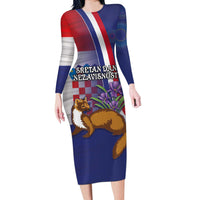 Personalised Croatia Independence Day Long Sleeve Bodycon Dress Sretan Dan nezavisnosti With Kuna Zlatica and Perunika - Wonder Print Shop
