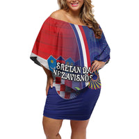 Personalised Croatia Independence Day Off Shoulder Short Dress Sretan Dan nezavisnosti With Kuna Zlatica and Perunika - Wonder Print Shop