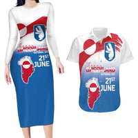 Greenland National Day Couples Matching Long Sleeve Bodycon Dress and Hawaiian Shirt National Country Flag and Emblem with The Map
