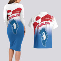 Greenland National Day Couples Matching Long Sleeve Bodycon Dress and Hawaiian Shirt National Country Flag and Emblem with The Map