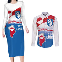 Greenland National Day Couples Matching Long Sleeve Bodycon Dress and Long Sleeve Button Shirt National Country Flag and Emblem with The Map