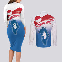 Greenland National Day Couples Matching Long Sleeve Bodycon Dress and Long Sleeve Button Shirt National Country Flag and Emblem with The Map