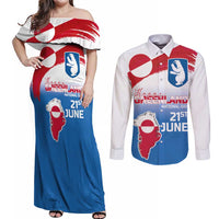 Greenland National Day Couples Matching Off Shoulder Maxi Dress and Long Sleeve Button Shirt National Country Flag and Emblem with The Map