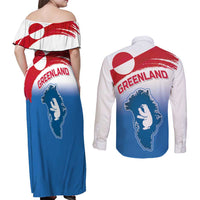 Greenland National Day Couples Matching Off Shoulder Maxi Dress and Long Sleeve Button Shirt National Country Flag and Emblem with The Map