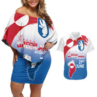 Greenland National Day Couples Matching Off Shoulder Short Dress and Hawaiian Shirt National Country Flag and Emblem with The Map