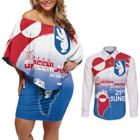 Greenland National Day Couples Matching Off Shoulder Short Dress and Long Sleeve Button Shirt National Country Flag and Emblem with The Map