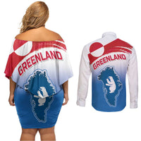 Greenland National Day Couples Matching Off Shoulder Short Dress and Long Sleeve Button Shirt National Country Flag and Emblem with The Map