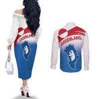 Greenland National Day Couples Matching Off The Shoulder Long Sleeve Dress and Long Sleeve Button Shirt National Country Flag and Emblem with The Map