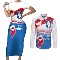 Greenland National Day Couples Matching Short Sleeve Bodycon Dress and Long Sleeve Button Shirt National Country Flag and Emblem with The Map