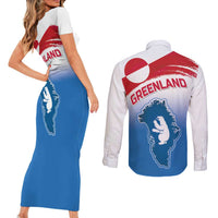 Greenland National Day Couples Matching Short Sleeve Bodycon Dress and Long Sleeve Button Shirt National Country Flag and Emblem with The Map