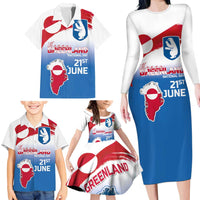 Greenland National Day Family Matching Long Sleeve Bodycon Dress and Hawaiian Shirt National Country Flag and Emblem with The Map