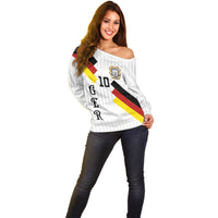 German Football Custom Off Shoulder Sweater Retro Geometric Flag Stripe Heritage Shield Design