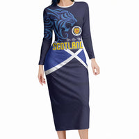Custom Scotland National Football Long Sleeve Bodycon Dress Lions with Flag Sporty Tartan Style