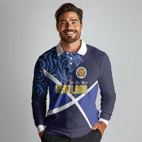 Custom Scotland National Football Long Sleeve Polo Shirt Lions with Flag Sporty Tartan Style