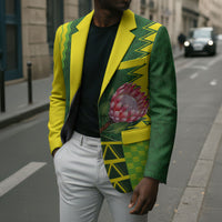 Custom South Africa National Football Blazer King Protea with African Tribal Geometric Pattern Culture Art