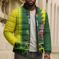 Custom South Africa National Football Bomber Puffer Jacket King Protea with African Tribal Geometric Pattern Culture Art