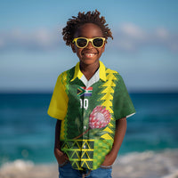 Custom South Africa National Football Kid Hawaiian Shirt King Protea with African Tribal Geometric Pattern Culture Art