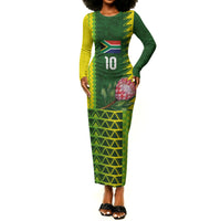 Custom South Africa National Football Long Sleeve Bodycon Dress King Protea with African Tribal Geometric Pattern Culture Art