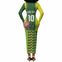Custom South Africa National Football Long Sleeve Bodycon Dress King Protea with African Tribal Geometric Pattern Culture Art
