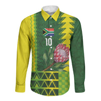 Custom South Africa National Football Long Sleeve Button Shirt King Protea with African Tribal Geometric Pattern Culture Art