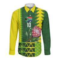 Custom South Africa National Football Long Sleeve Button Shirt King Protea with African Tribal Geometric Pattern Culture Art