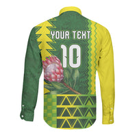 Custom South Africa National Football Long Sleeve Button Shirt King Protea with African Tribal Geometric Pattern Culture Art