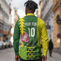 Custom South Africa National Football Long Sleeve Button Shirt King Protea with African Tribal Geometric Pattern Culture Art