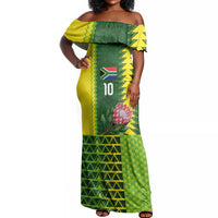Custom South Africa National Football Off Shoulder Maxi Dress King Protea with African Tribal Geometric Pattern Culture Art