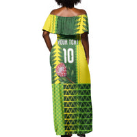 Custom South Africa National Football Off Shoulder Maxi Dress King Protea with African Tribal Geometric Pattern Culture Art