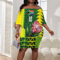 Custom South Africa National Football Off Shoulder Short Dress King Protea with African Tribal Geometric Pattern Culture Art